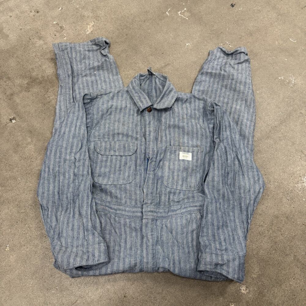 Vintage 70s Big Mac JC Penney Railroad Stripe Herringbone Coveralls Blue 35x29